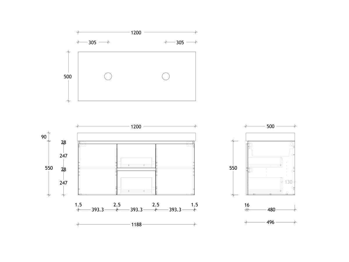 Reece Posh Domaine Conventional 1200mm Wall Hung Vanity Double Basin 90mm Durasein Top