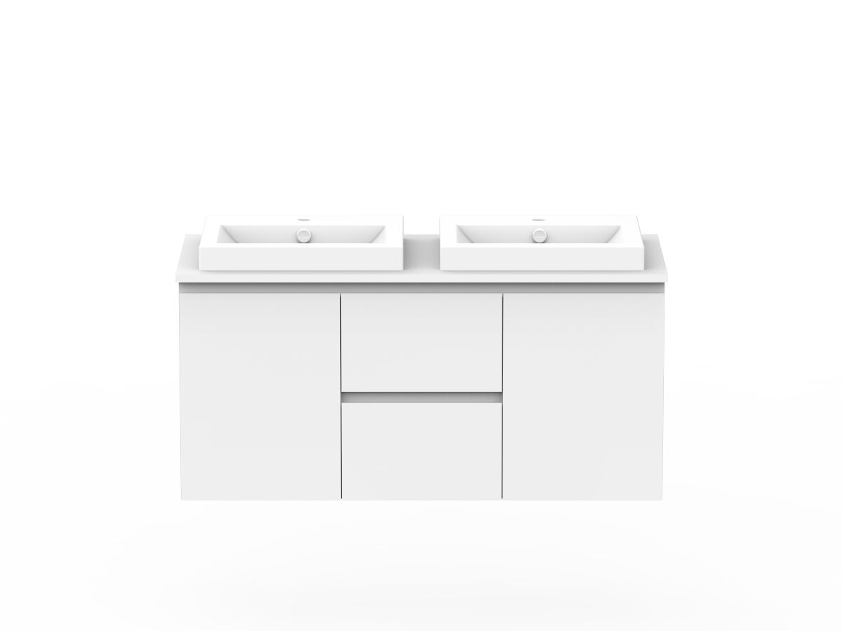 reece Posh Domaine Conventional 1200mm Wall Hung Vanity Double Basin 20mm Cherry Pie Top
