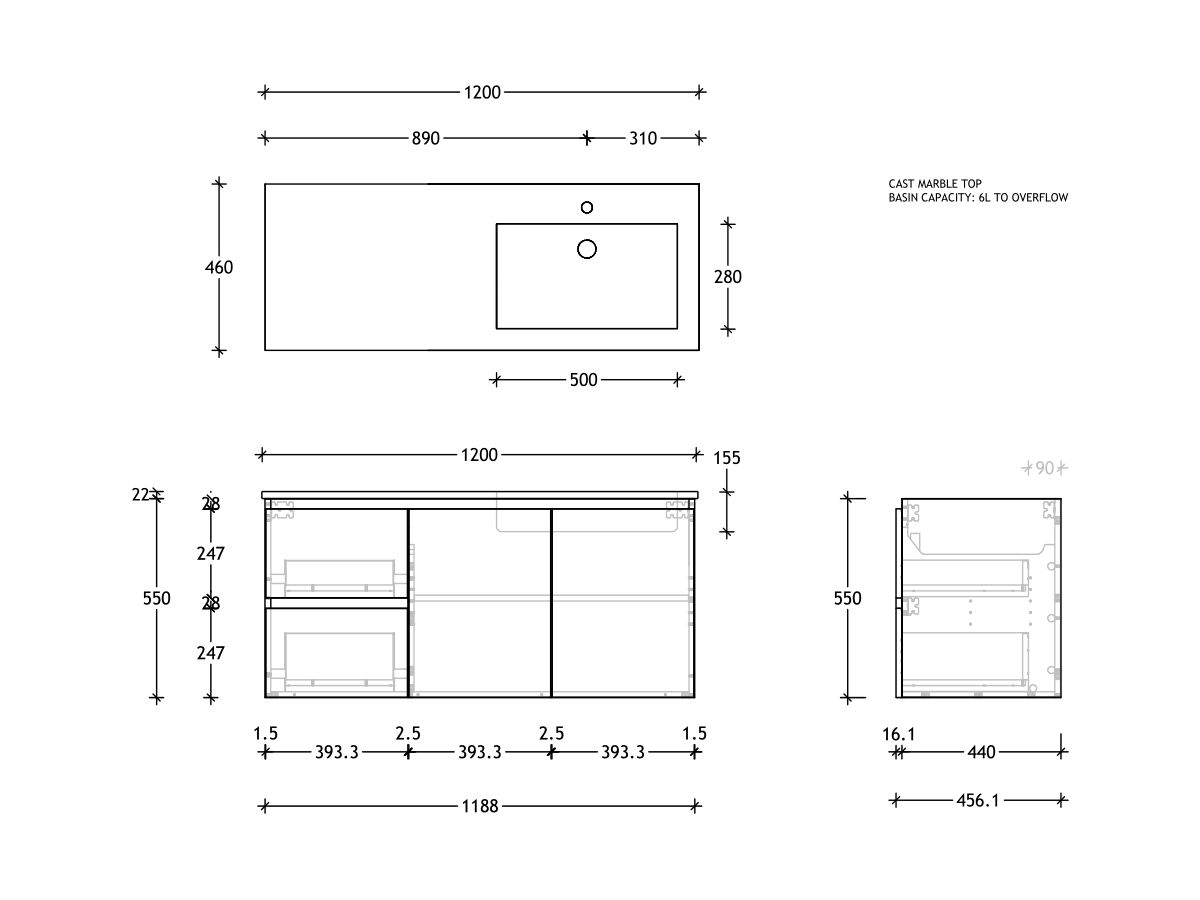 Reece Posh Domaine Conventional 1200mm Wall Hung Vanity Right Hand Basin Cast Marble Top