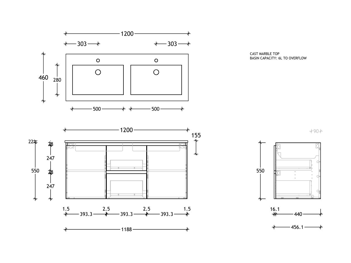 Reece Posh Domaine Conventional 1200mm Wall Hung Vanity Double Basin Cast Marble Top