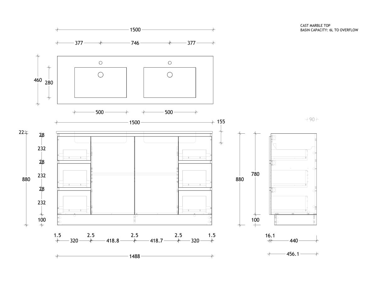 Reece Posh Domaine Conventional 1500mm Floor Mounted Vanity Double Basin Cast Marble Top