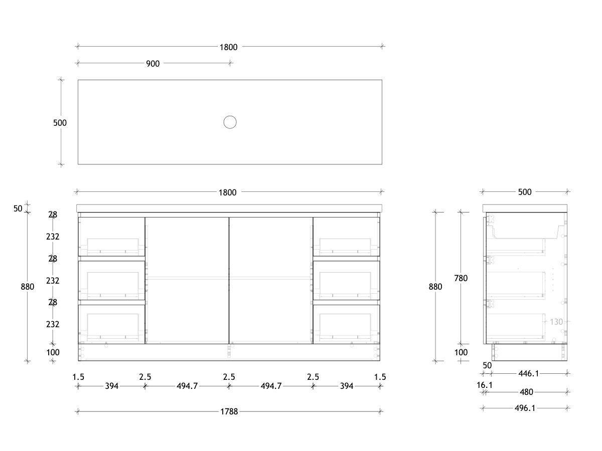 Reece Posh Domaine Conventional 1800mm Floor Mounted Vanity Centre Basin 50mm Durasein Top