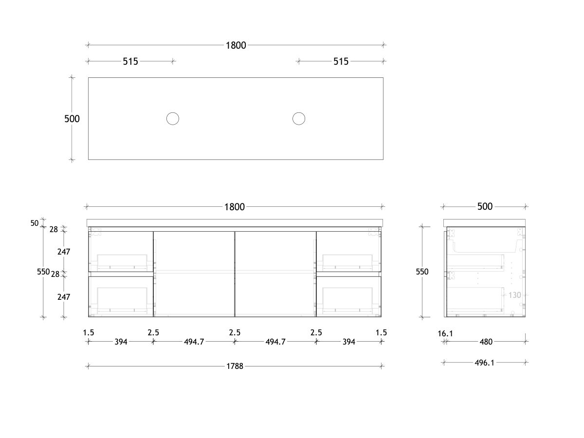 Reece Posh Domaine Conventional 1800mm Wall Hung Vanity Double Basin 50mm Durasein Top