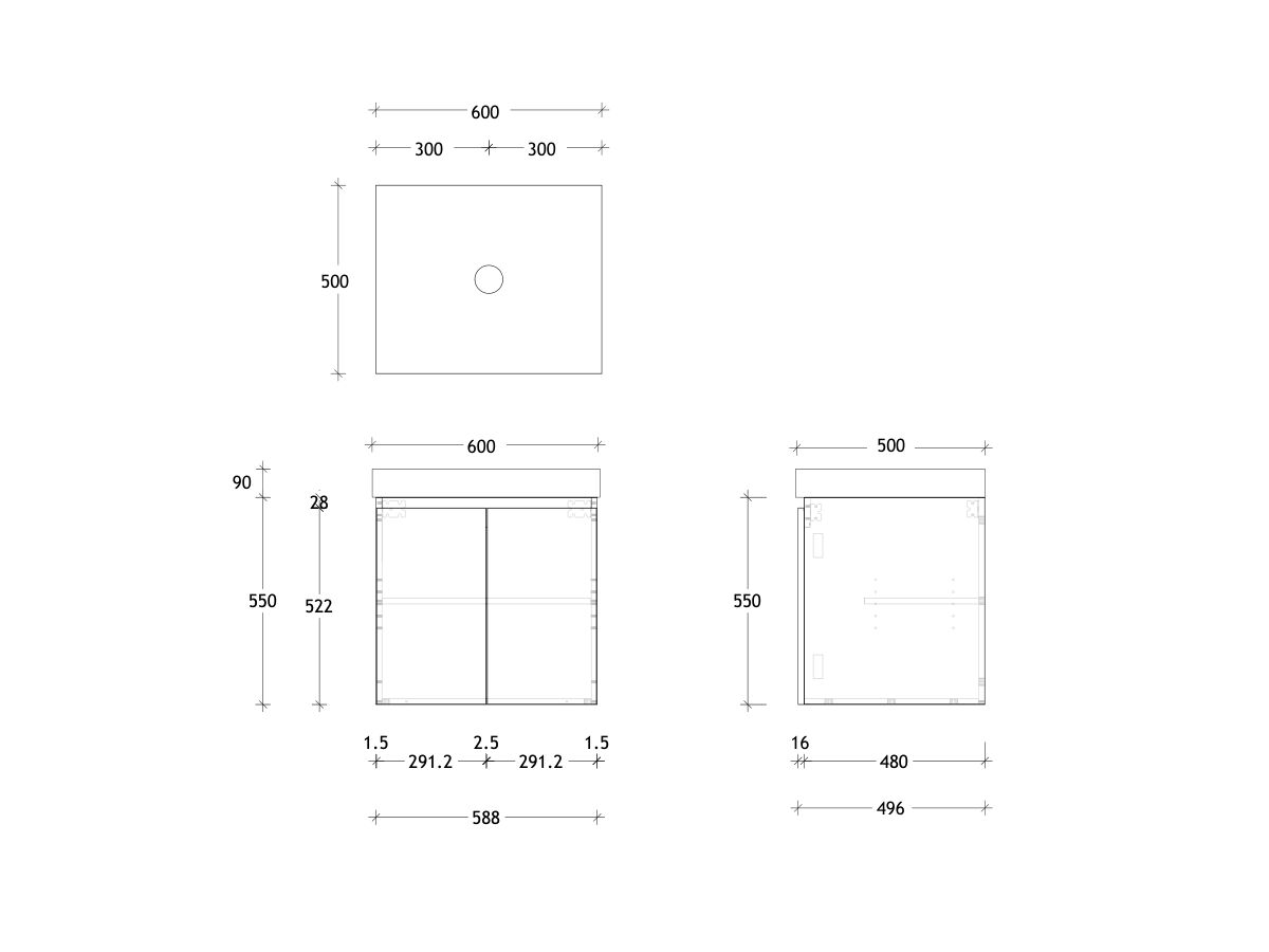 Reece Posh Domaine Conventional 600mm Wall Hung Vanity Centre Basin 90mm Durasein Top