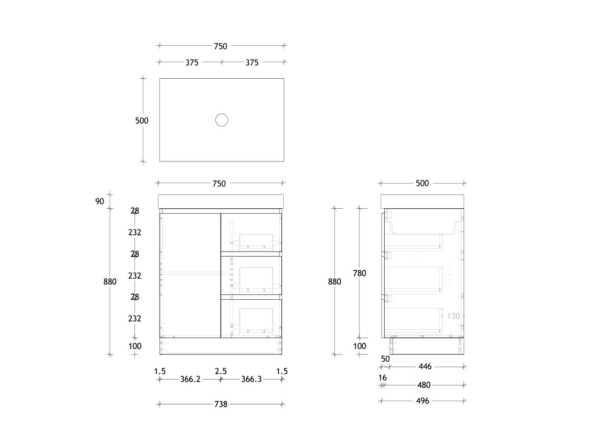Reece Posh Domaine Conventional 750mm Floor Mounted Vanity Centre Basin 90mm Durasein Top