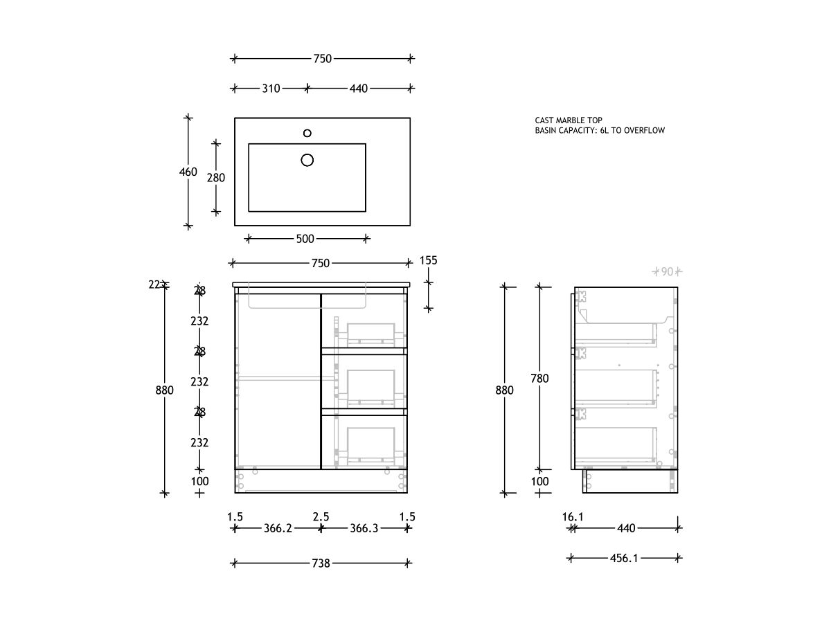 Reece Posh Domaine Conventional 750mm Floor Mounted Vanity Left Hand Basin Cast Marble Top