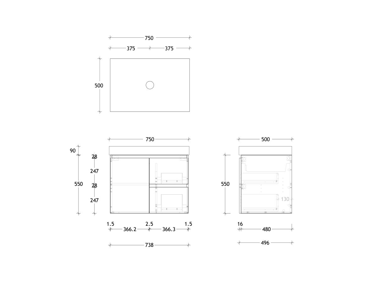 Reece Posh Domaine Conventional 750mm Wall Hung Vanity Centre Basin 90mm Durasein Top