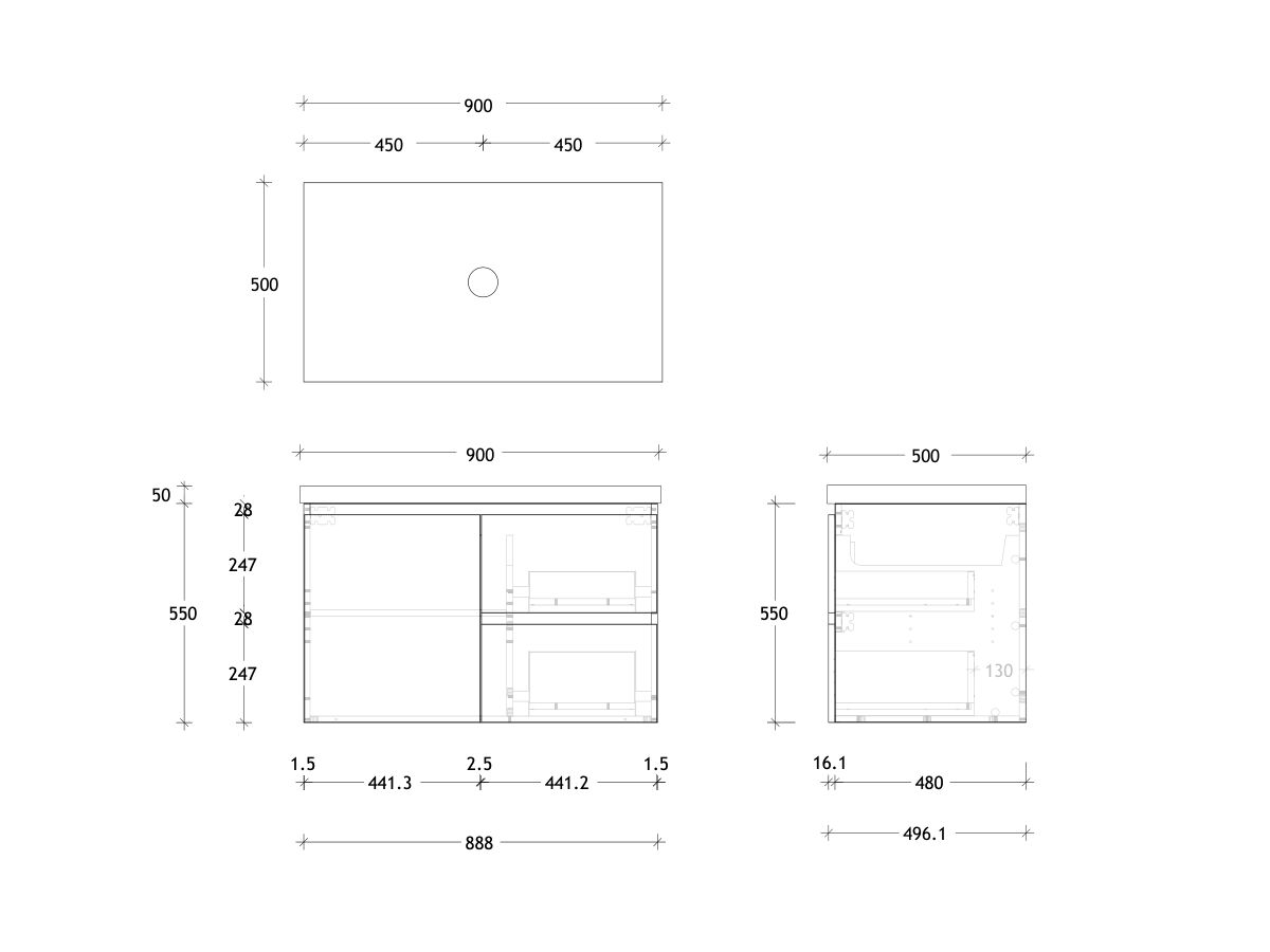 Reece Posh Domaine Conventional 900mm Wall Hung Vanity Centre Basin 50mm Durasein Top