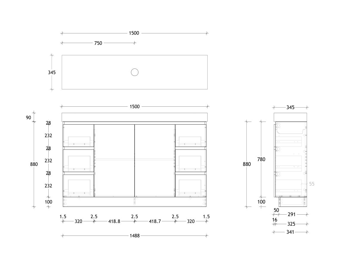 Reece Posh Domaine Ensuite 1500mm Floor Mounted Vanity Centre Basin 90mm Durasein Top