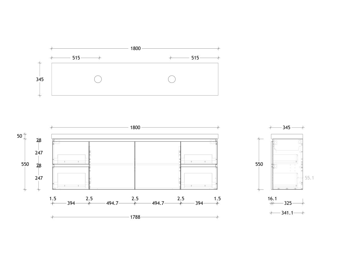 Reece Posh Domaine Ensuite 1800mm Wall Hung Vanity Double Basin 50mm Durasein Top