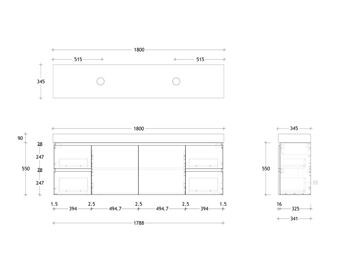 Reece Posh Domaine Ensuite 1800mm Wall Hung Vanity Double Basin 90mm Cherry Pie Top