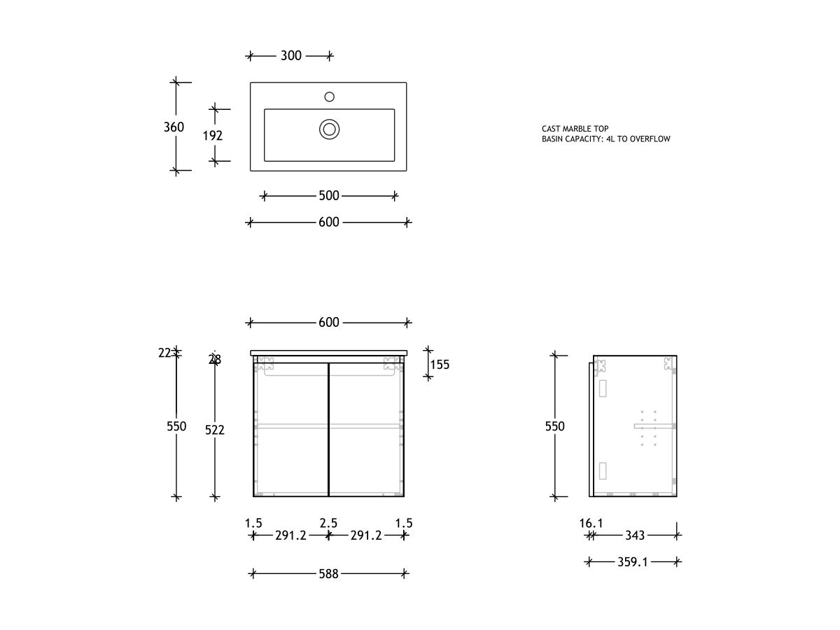 Reece Posh Domaine Ensuite 600mm Wall Hung Vanity Centre Basin Cast Marble Top