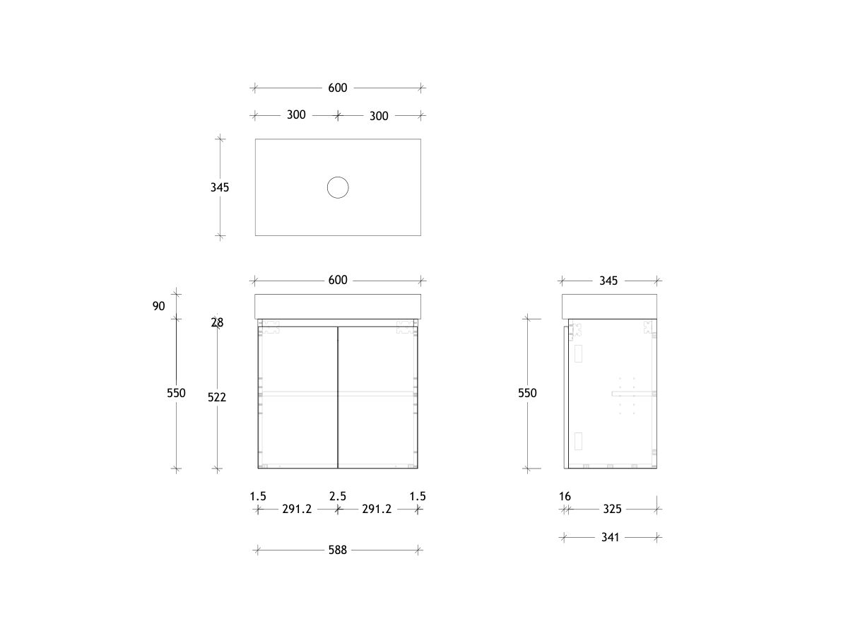 Reece Posh Domaine Ensuite 600mm Wall Hung Vanity Centre Basin 90mm Durasein Top