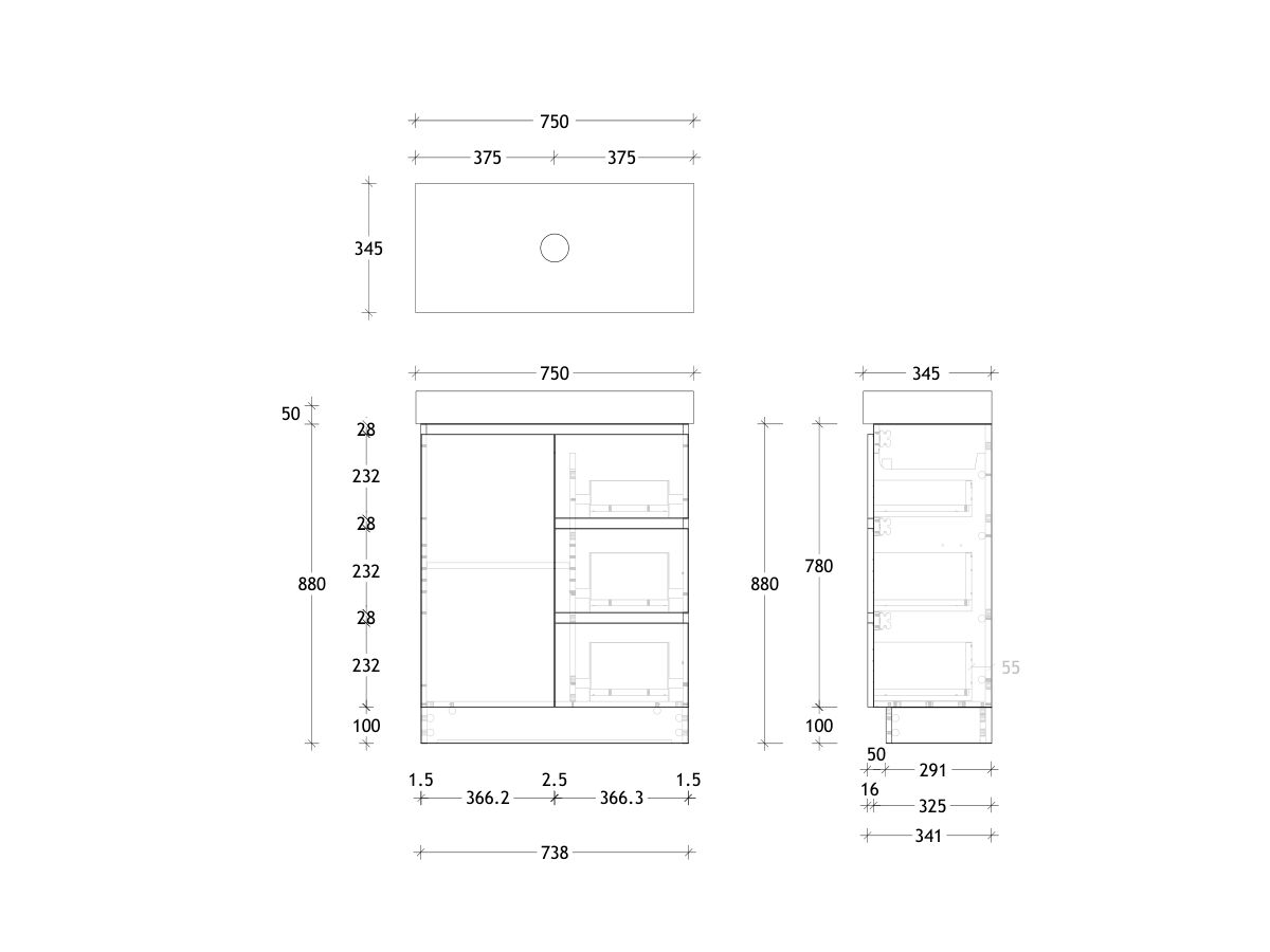 Reece Posh Domaine Ensuite 750mm Floor Mounted Vanity Centre Basin 90mm Durasein Top