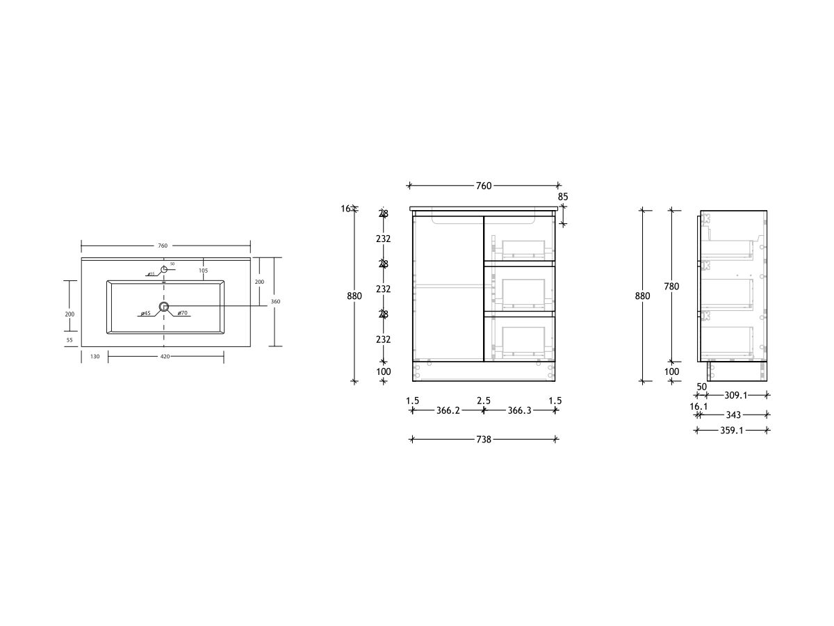 Reece Posh Domaine Ensuite 750mm Floor Mounted Vanity Centre Basin Matte White Ceramic Top