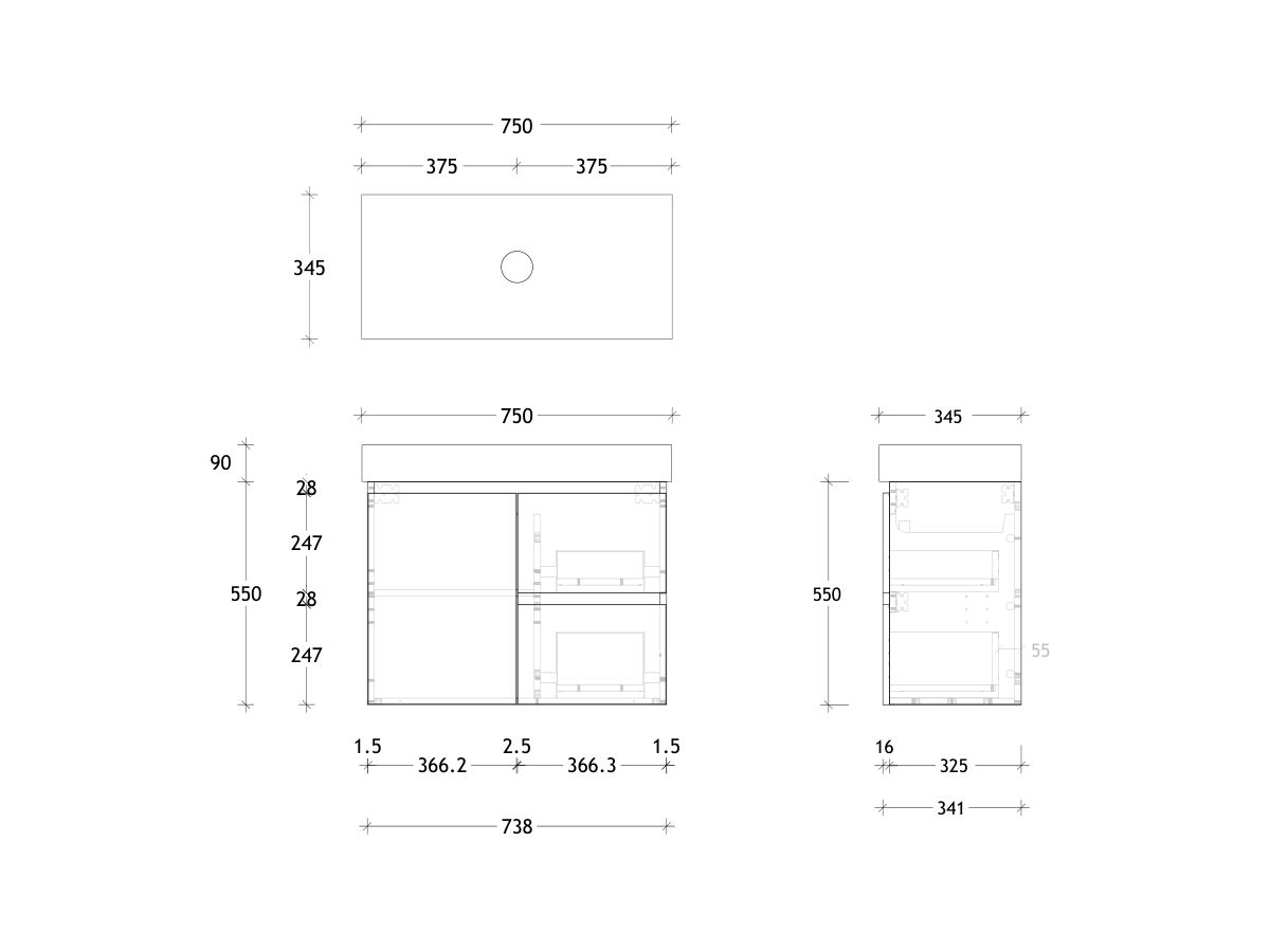 Reece Posh Domaine Ensuite 750mm Wall Hung Vanity Centre Basin 90mm Durasein Top