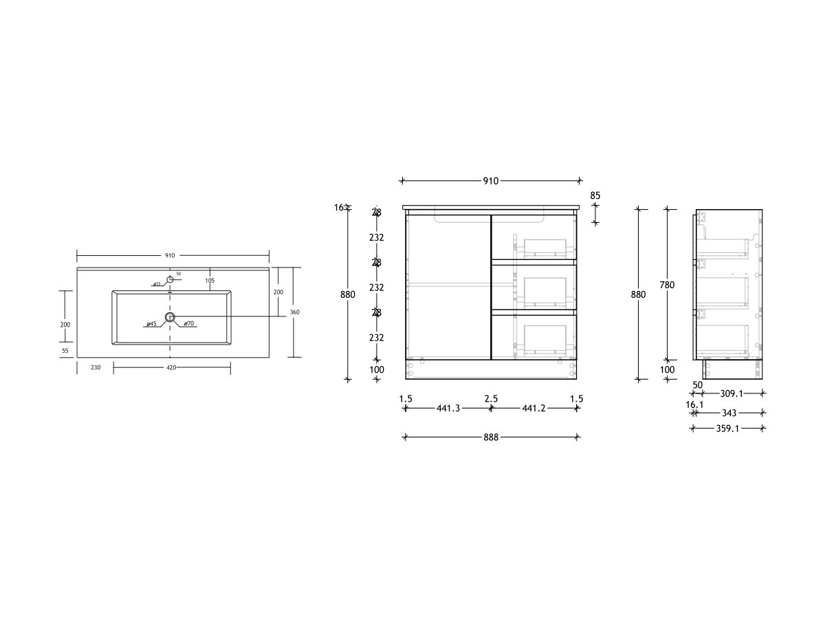 Reece Posh Domaine Ensuite 900mm Floor Mounted Vanity Centre Basin Matte White Ceramic Top