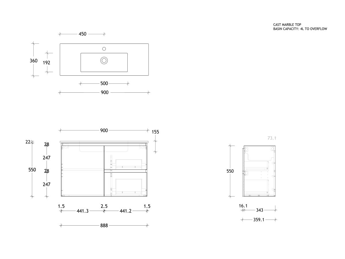 Reece Posh Domaine Ensuite 900mm Wall Hung Vanity Centre Basin Cast Marble Top