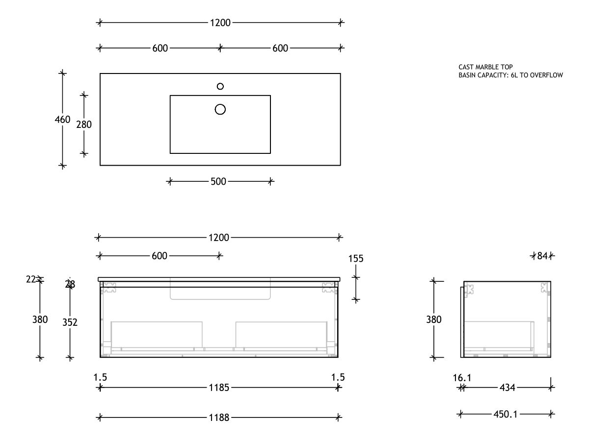 Reece Posh Domaine Plus All Drawer 1200mm Wall Hung Vanity Centre Basin Cast Marble Top