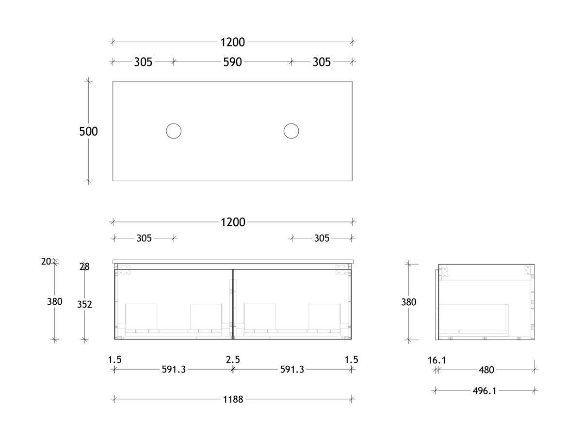 Reece Posh Domaine Plus All Drawer 1200mm Wall Hung Vanity Double Basin 20mm Cherry Pie Top