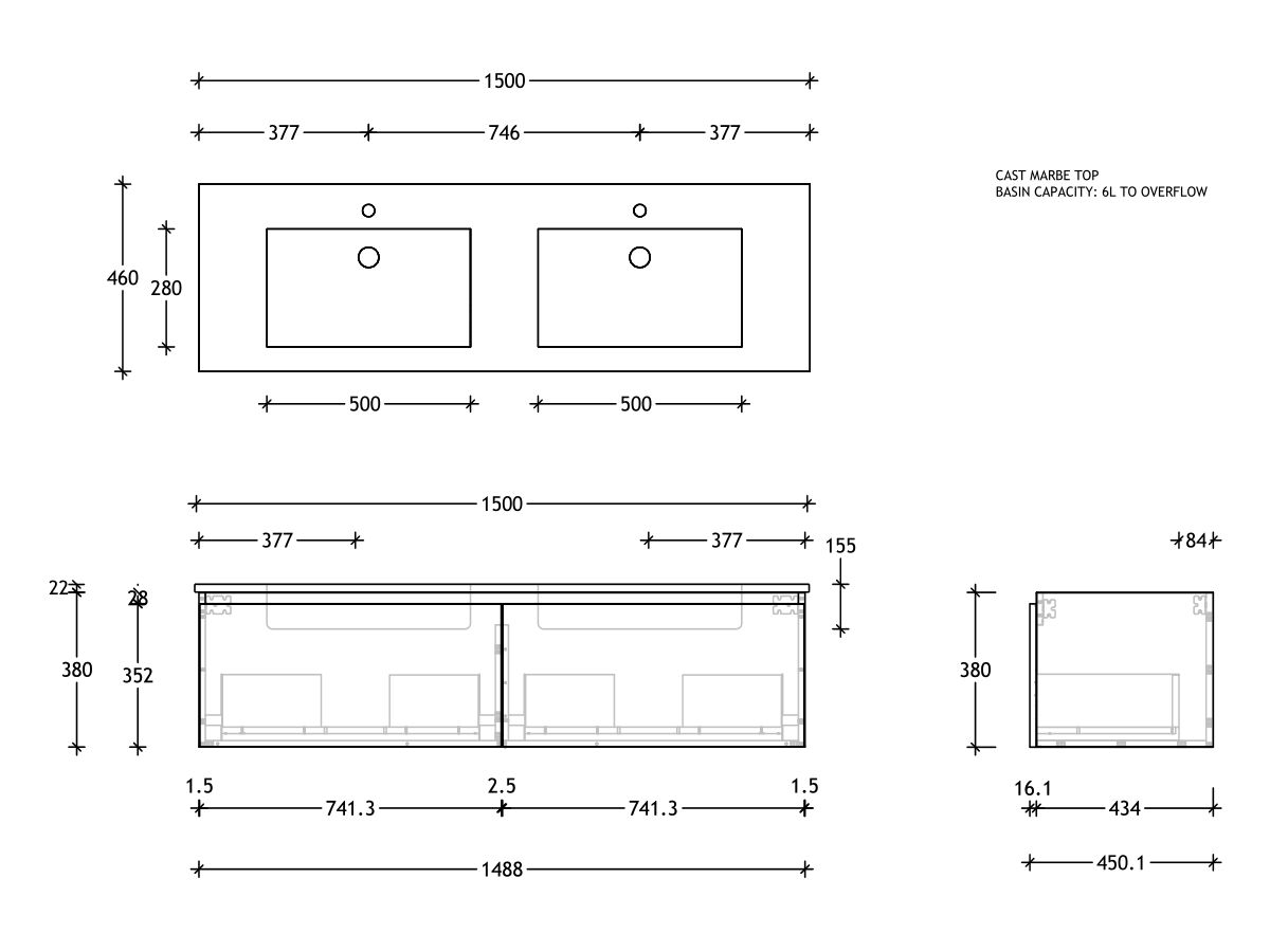 Reece Posh Domaine Plus All Drawer 1500mm Wall Hung Vanity Double Basin Cast Marble Top