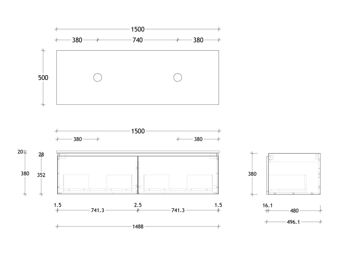 Reece Posh Domaine Plus All Drawer 1500mm Wall Hung Vanity Double Basin 20mm Cherry Pie Top