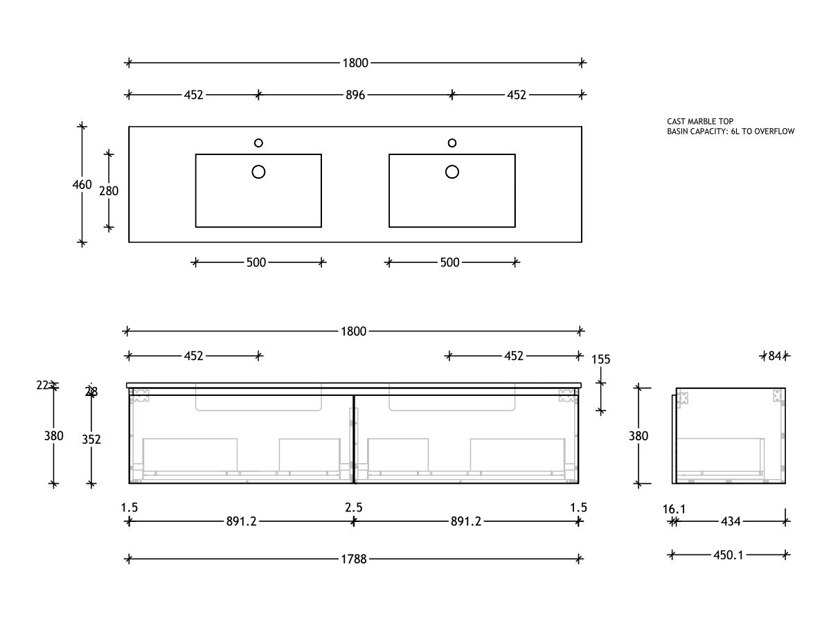 Reece Posh Domaine Plus All Drawer 1800mm Wall Hung Vanity Double Basin Cast Marble Top