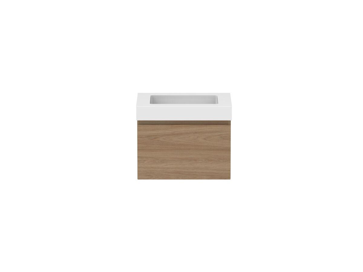reece Posh Domaine Plus All Drawer 600mm Wall Hung Vanity Centre Basin 90mm Caesarstone Mineral Top