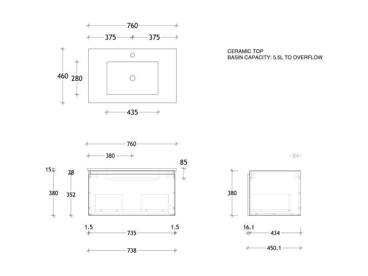 Reece Posh Domaine Plus All Drawer 750mm Wall Hung Vanity Centre Basin Matte White Ceramic Top