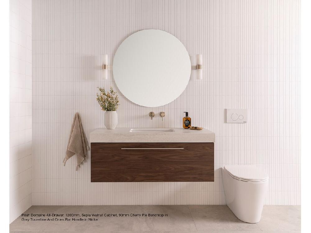 Reece Posh Domaine Plus All Drawer 750mm Wall Hung Vanity Centre Basin 90mm Cherry Pie Top