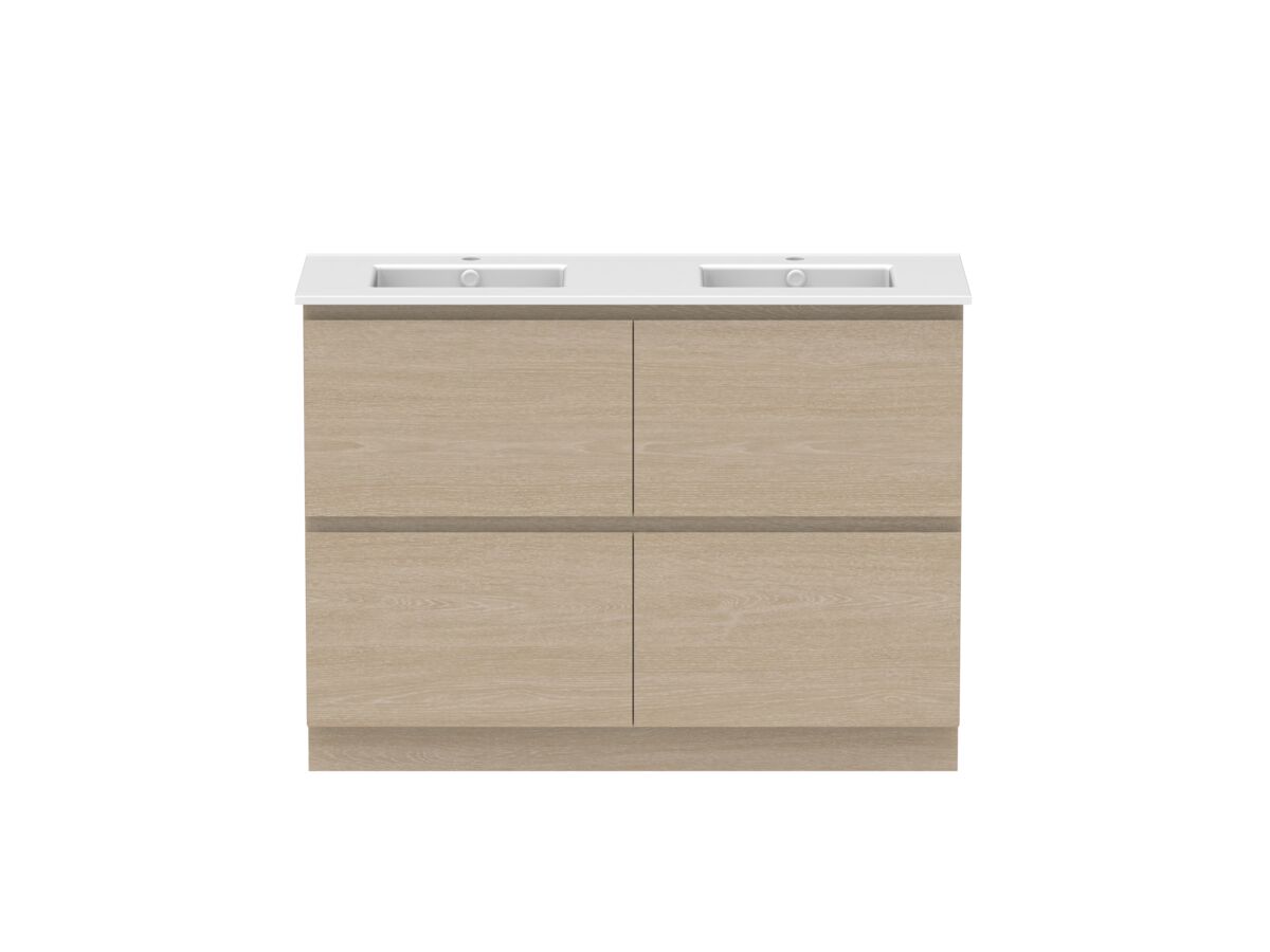 reece Posh Domaine Plus All Drawer Twin 1200mm Floor Mounted Vanity Double Basin Matte White Ceramic Top