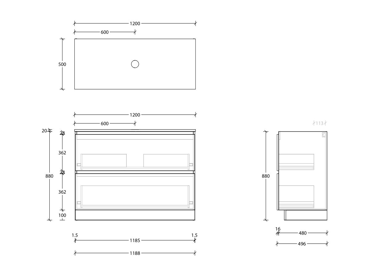 Reece Posh Domaine Plus All Drawer Twin 1200mm Floor Mounted Vanity Centre Basin 20mm Cherry Pie Top