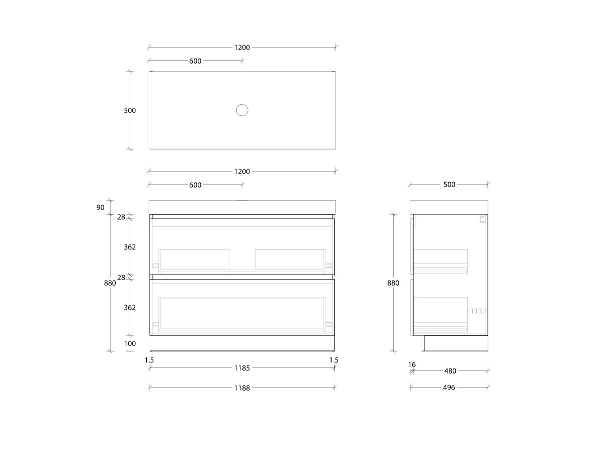 Reece Posh Domaine Plus All Drawer Twin 1200mm Floor Mounted Vanity Centre Basin 90mm Durasein Top