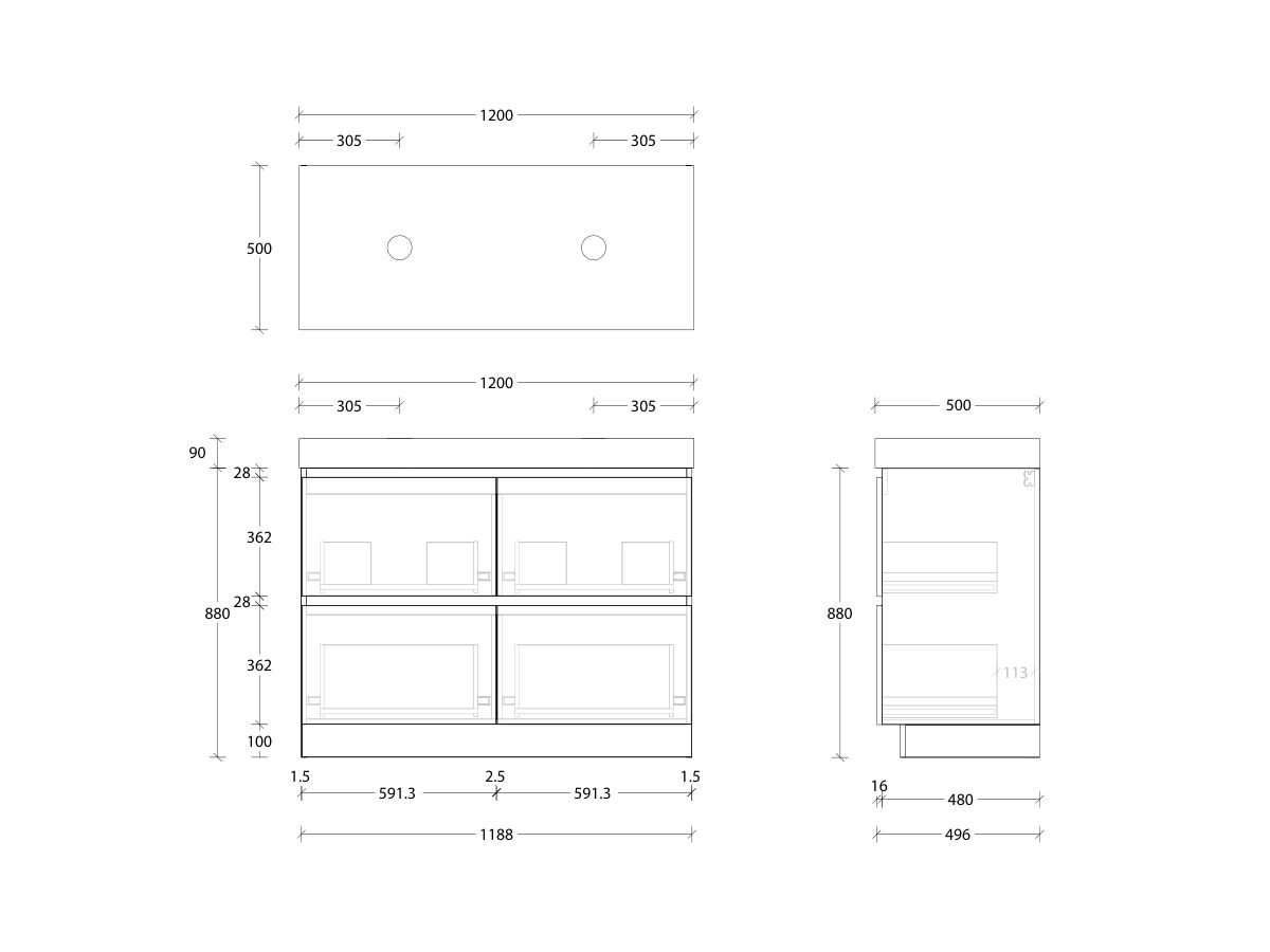 Reece Posh Domaine Plus All Drawer Twin 1200mm Floor Mounted Vanity Double Basin 90mm Durasein Top