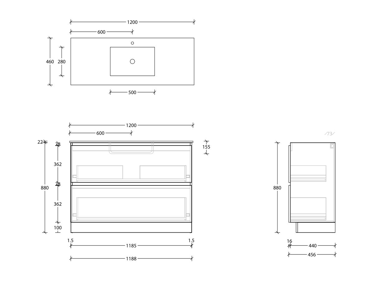 Reece Posh Domaine Plus All Drawer Twin 1200mm Floor Mounted Vanity Centre Basin Cast Marble Top