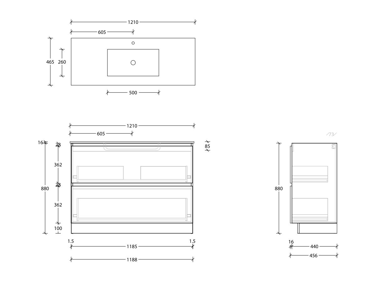 Reece Posh Domaine Plus All Drawer Twin 1200mm Floor Mounted Vanity Centre Basin Ceramic Top
