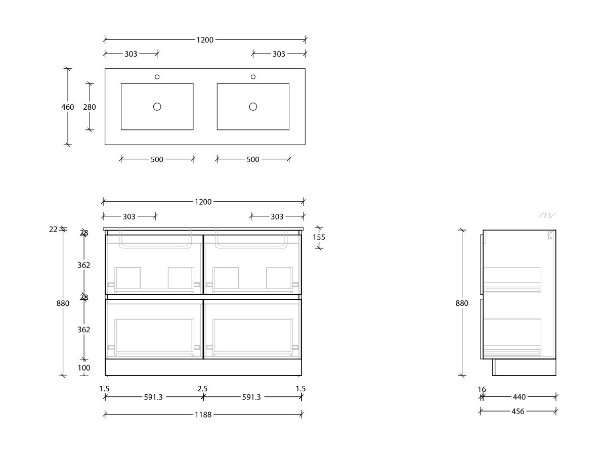 Reece Posh Domaine Plus All Drawer Twin 1200mm Floor Mounted Vanity Double Basin Cast Marble Top