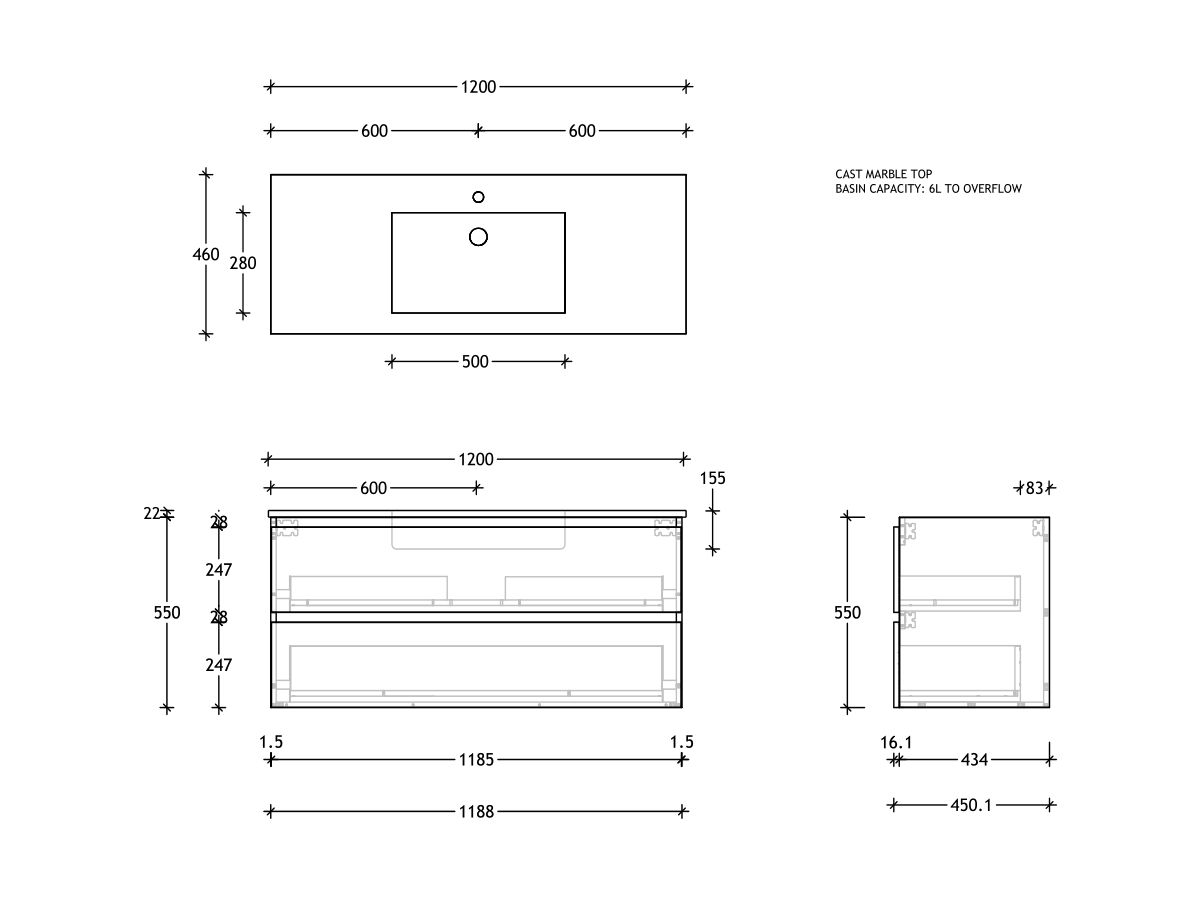 Reece Posh Domaine Plus All-Drawer Twin 1200mm Single Bowl Basin Wall Hung Vanity Cast Marble Top