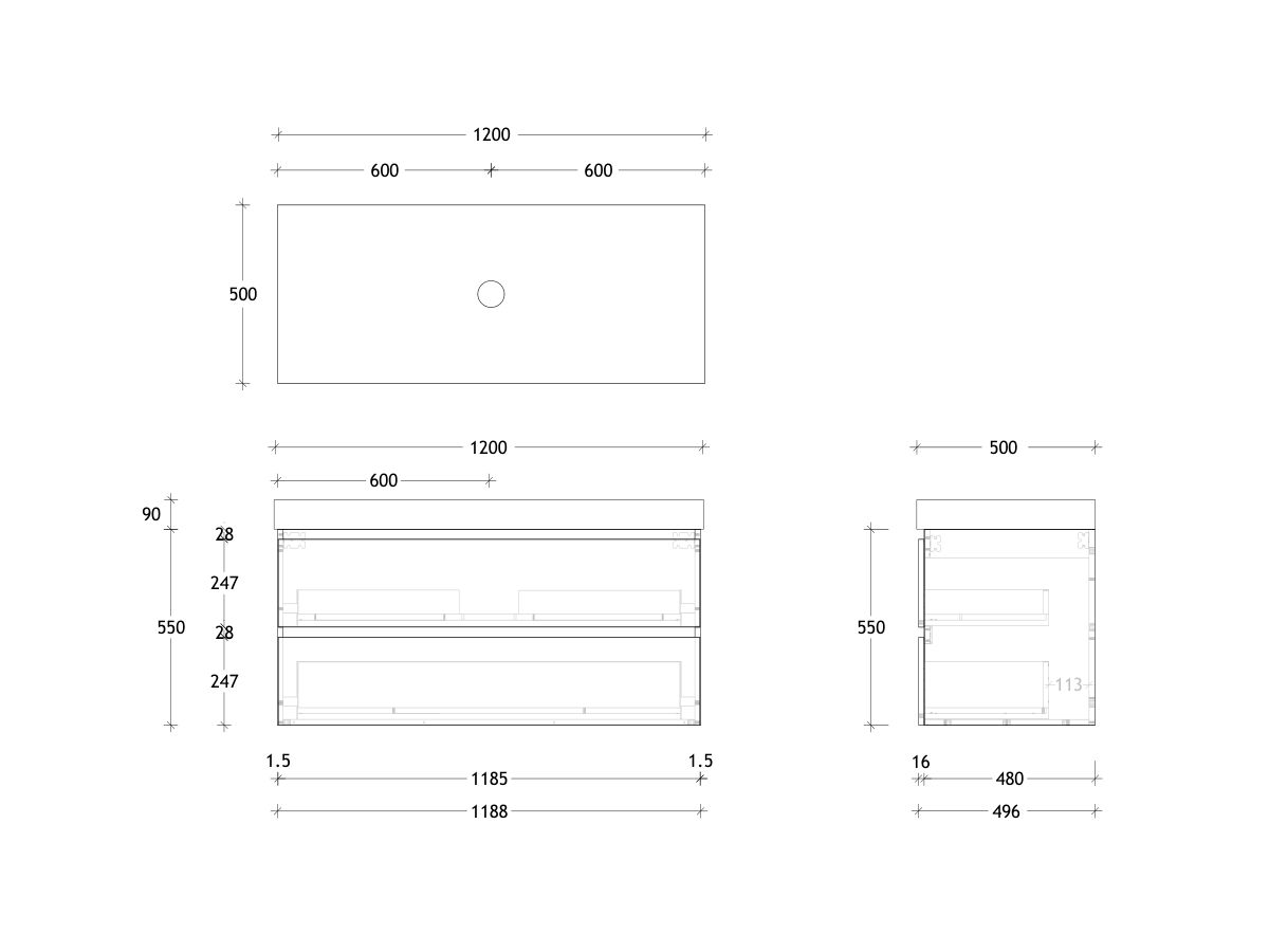Reece Posh Domaine Plus All Drawer Twin 1200mm Wall Hung Vanity Centre Basin 90mm Cherry Pie Top