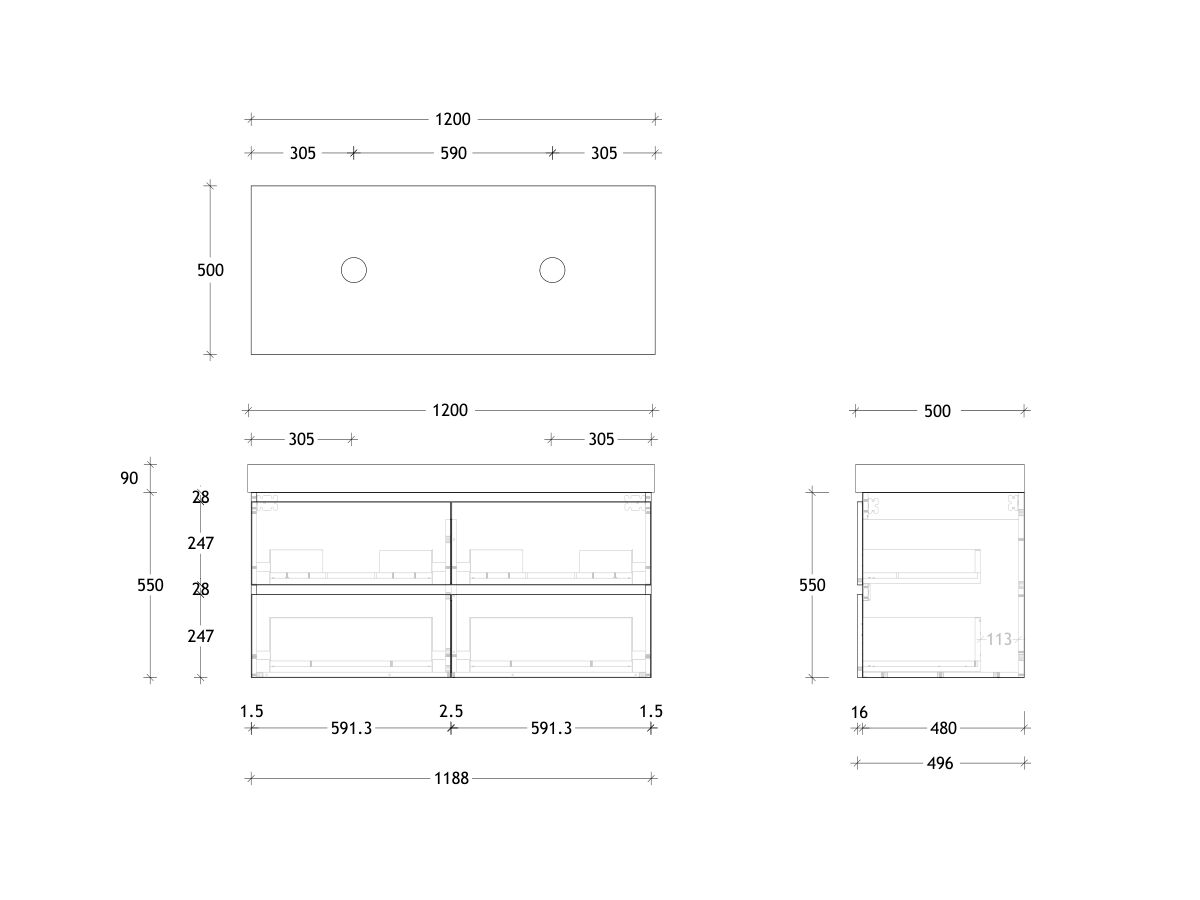 Reece Posh Domaine Plus All Drawer Twin 1200mm Wall Hung Vanity Double Basin 90mm Cherry Pie Top