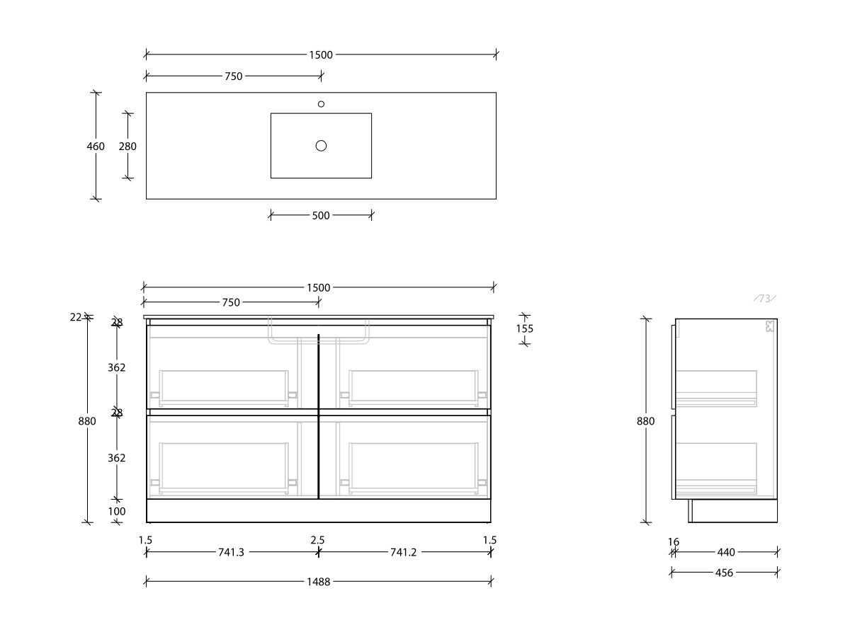 Reece Posh Domaine Plus All Drawer Twin 1500mm Floor Mounted Vanity Centre Basin Cast Marble Top