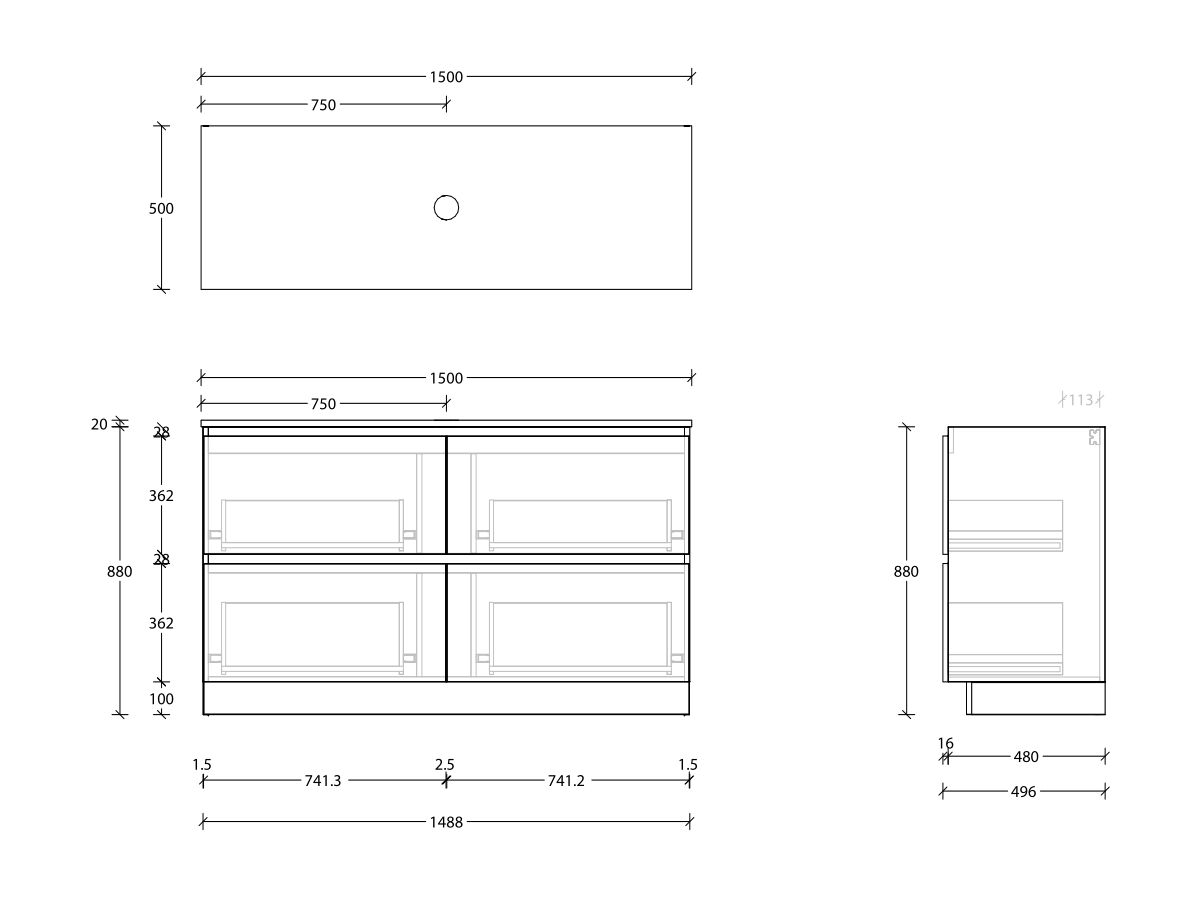 Reece Posh Domaine Plus All Drawer Twin 1500mm Floor Mounted Vanity Centre Basin 20mm Cherry Pie Top