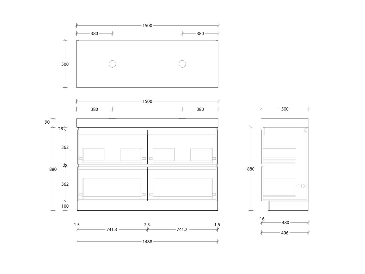 Reece Posh Domaine Plus All Drawer Twin 1500mm Floor Mounted Vanity Double Basin 90mm Cherry Pie Top