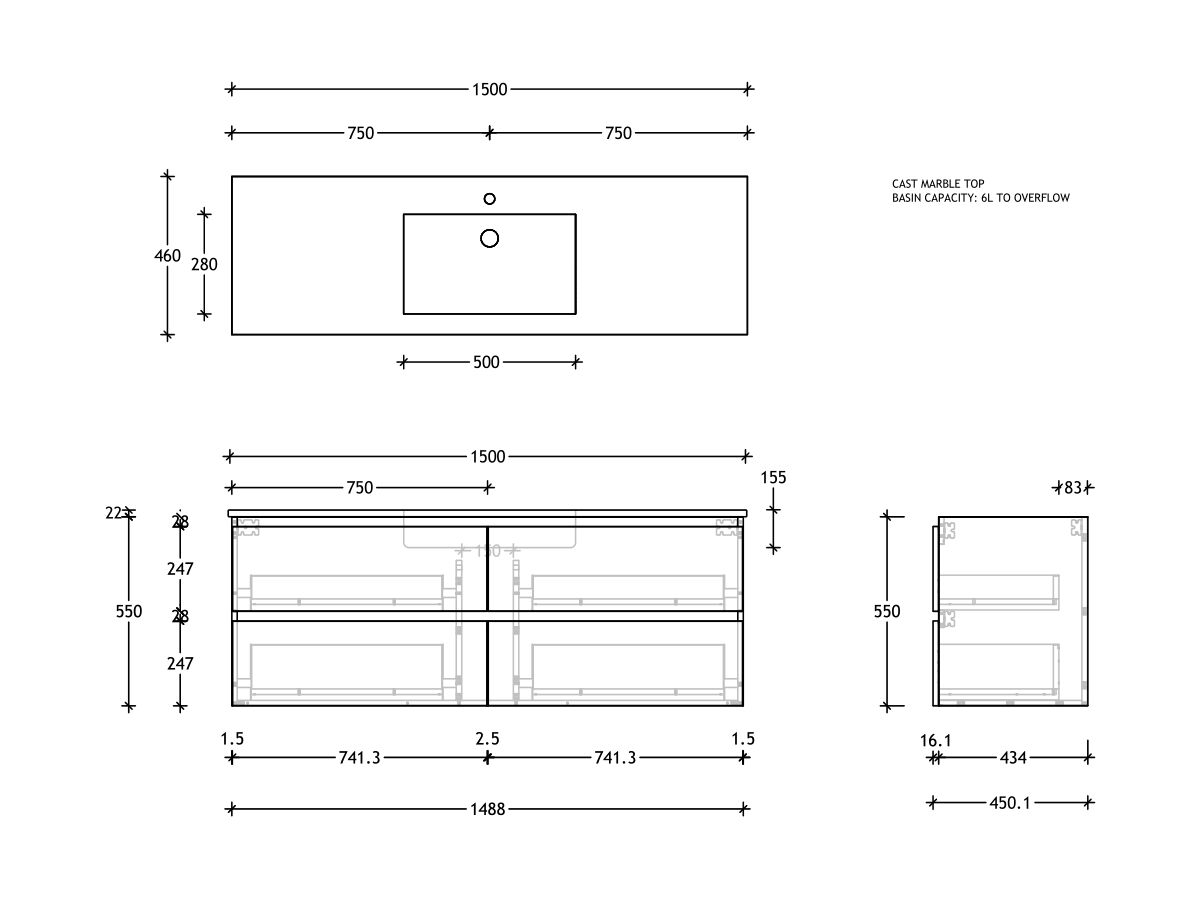 Reece Posh Domaine Plus All-Drawer Twin 1500mm Single Bowl Basin Wall Hung Vanity Cast Marble Top