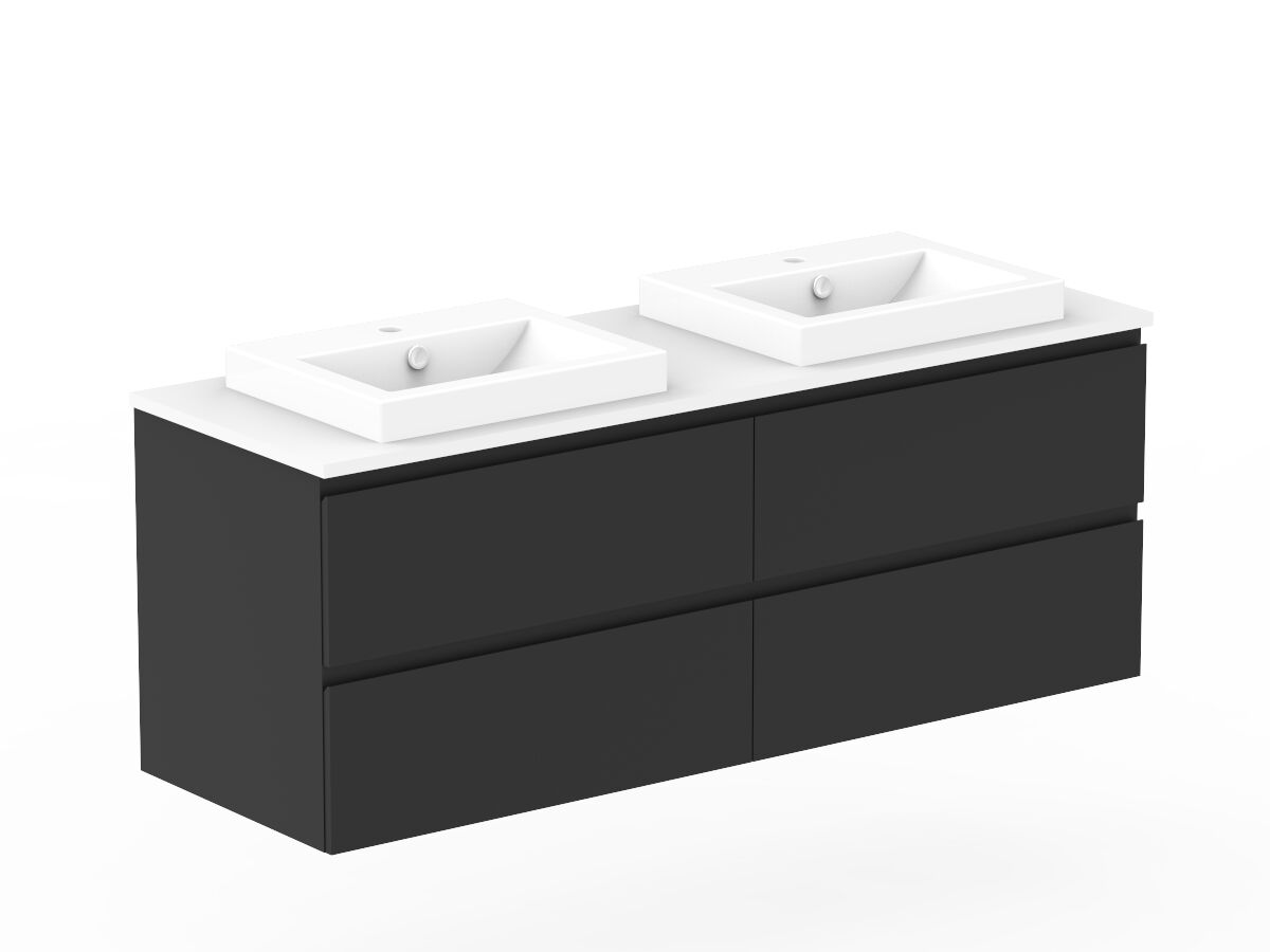 Reece Posh Domaine Plus All Drawer Twin 1500mm Wall Hung Vanity Double Basin 20mm Caesarstone Mineral Top
