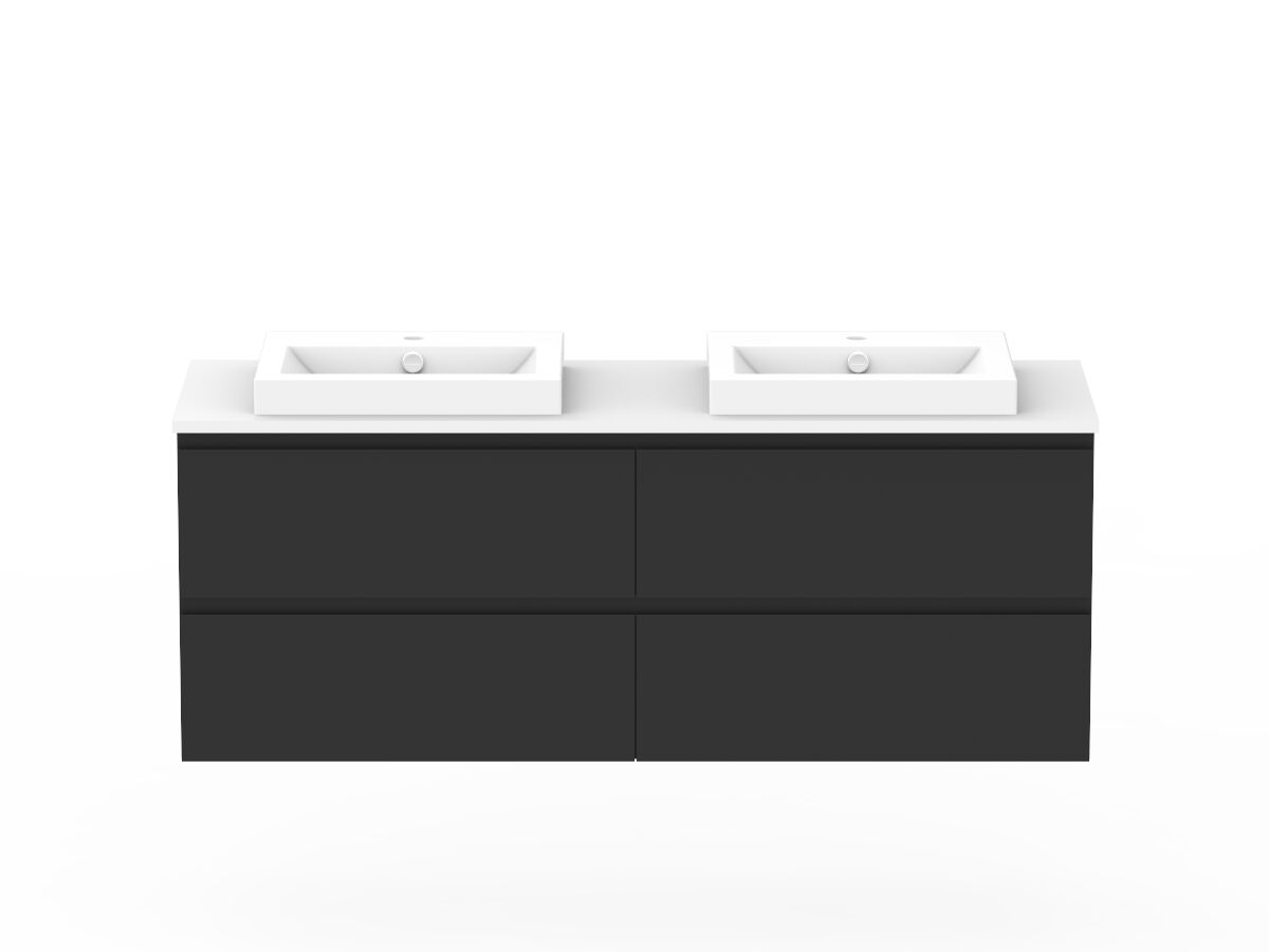 reece Posh Domaine Plus All Drawer Twin 1500mm Wall Hung Vanity Double Basin 20mm Caesarstone Mineral Top
