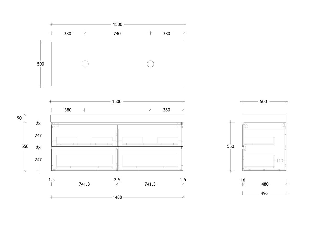 Reece Posh Domaine Plus All Drawer Twin 1500mm Wall Hung Vanity Double Basin 90mm Durasein Top