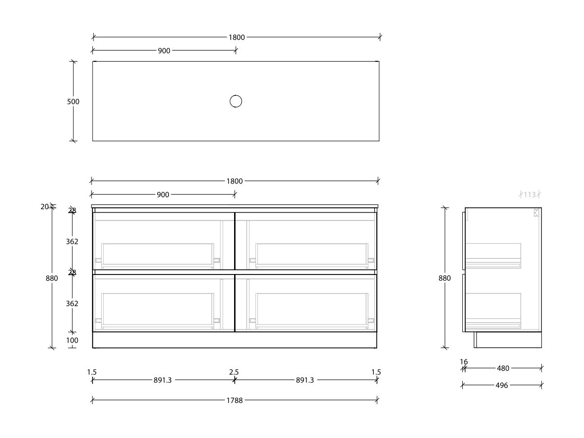 Reece Posh Domaine Plus All Drawer Twin 1800mm Floor Mounted Vanity Centre Basin 20mm Cherry Pie Top