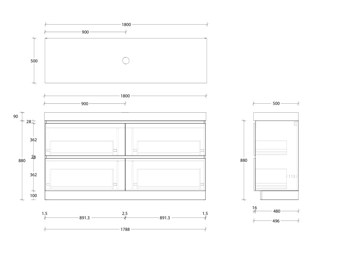 Reece Posh Domaine Plus All Drawer Twin 1800mm Floor Mounted Vanity Centre Basin 90mm Durasein Top