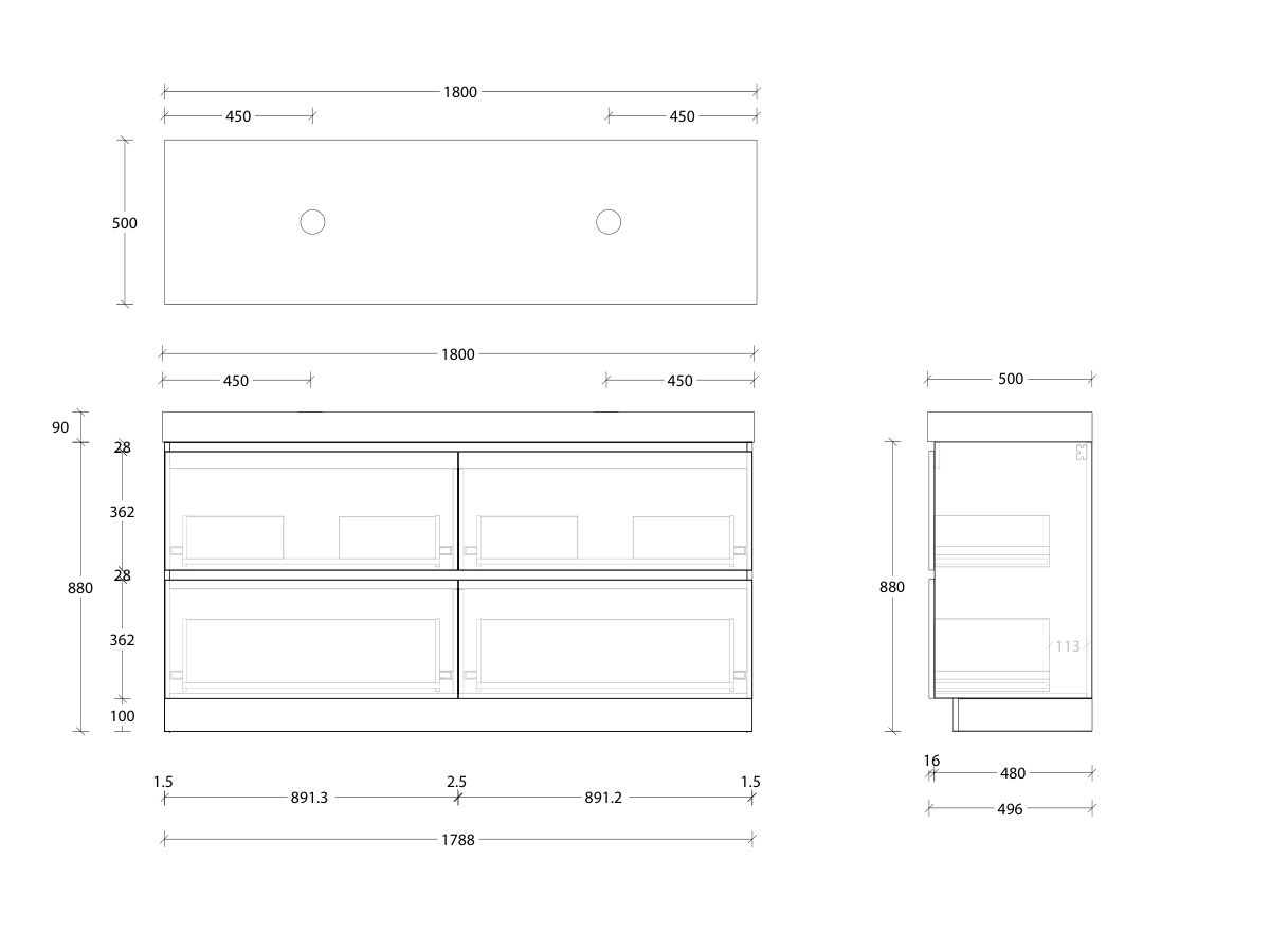 Reece Posh Domaine Plus All Drawer Twin 1800mm Floor Mounted Vanity Double Basin 90mm Cherry Pie Top